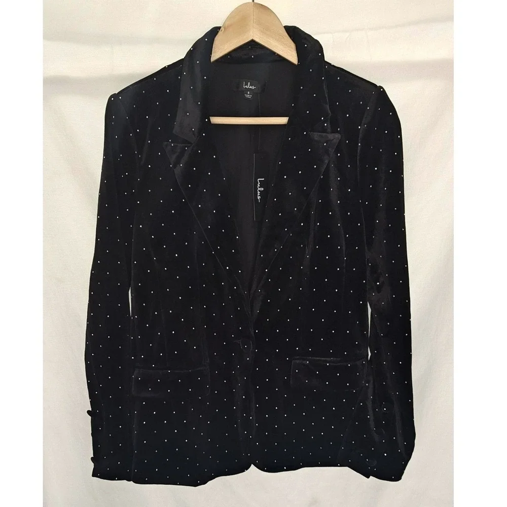 Lulus Glamorous Statement Black Velvet Studded Blazer Rhinestone‎ Gems small New